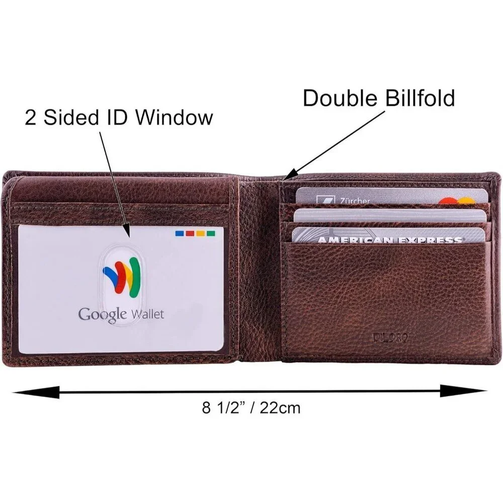 Men's Gemini Brown Travel Leather Bifold Wallet Card Top Slip Flip Pockets